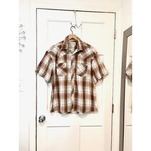 Vintage Rustler Wrangler Shirt‎ Mens XL Plaid Pearl Snap Metallic Short Sleeve